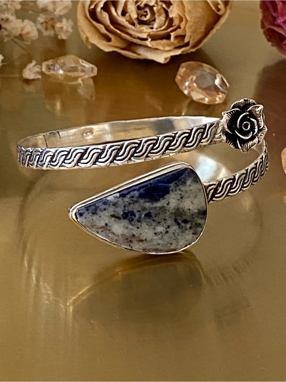 Sodalite Hand Crafted Flower Bypass Bangle